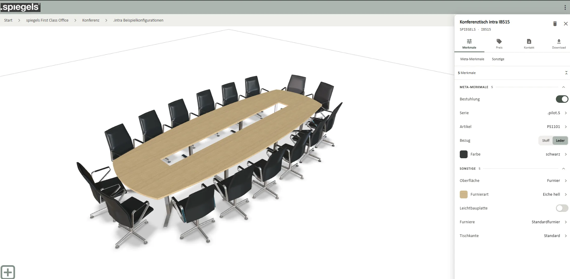 Konferenztisch intra IB515 mit umlaufender Bestuhlung in der 3D-Ansicht, daneben die Merkmale Bestuhlung, Serie, Bezug und Furnierart