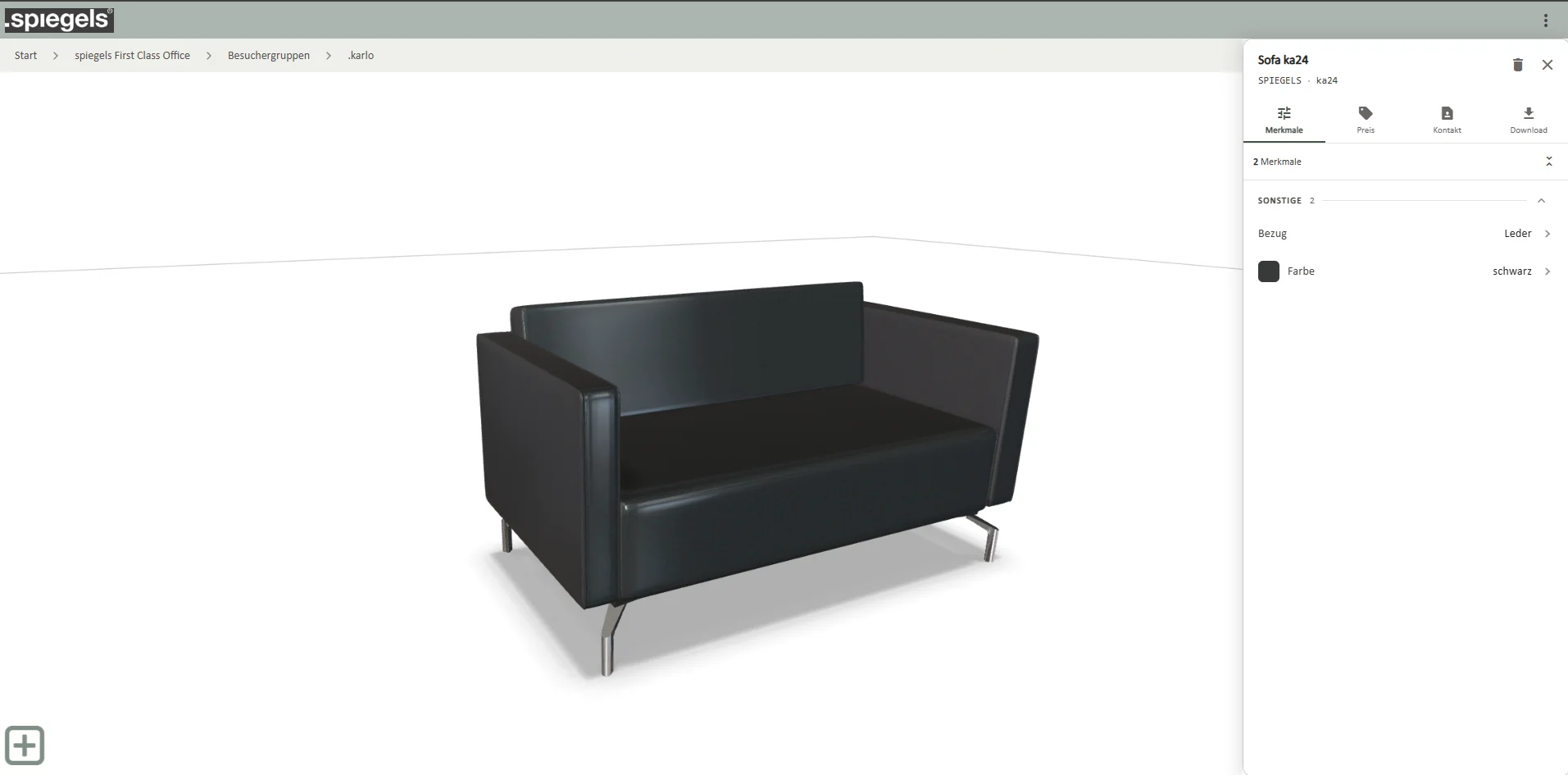Sofa ka24 aus schwarzem Leder in der 3D-Ansicht mit den Merkmalen Bezug und Farbe